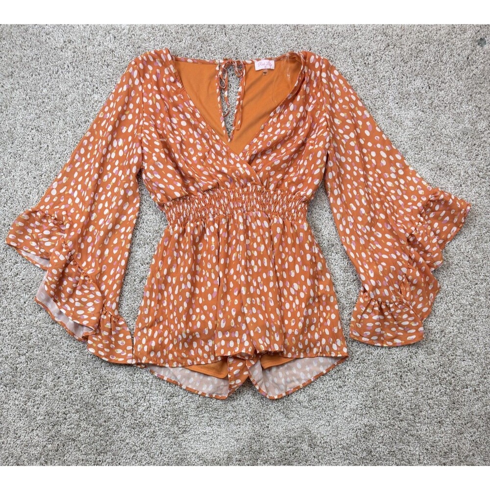 Pink Lily Womens Medium Orange Spotted Bell Sleeve Smocked Waist Romper Boho